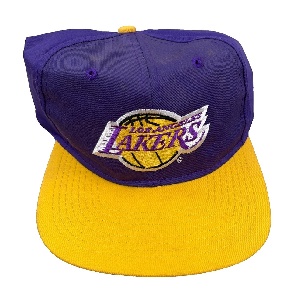 Vintage Los Angeles Lakers Hat Cap Snapback 90s Spellout AJD NBA LA Purple Gold